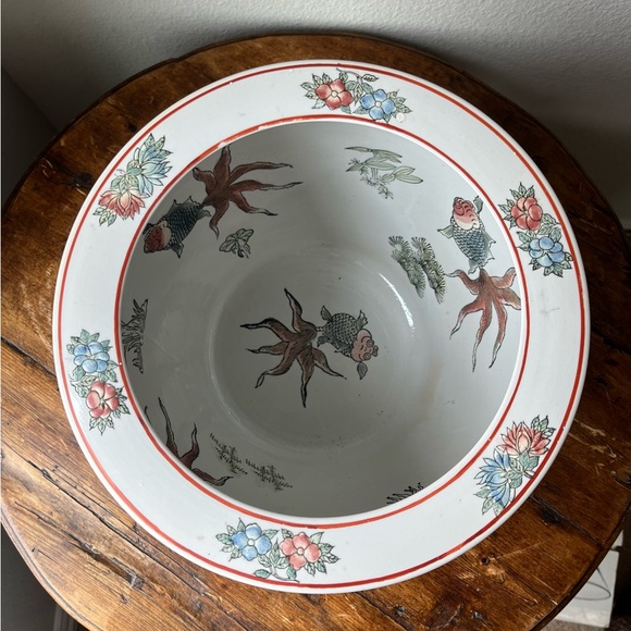 Vintage Asian Koi Fish and Bird with floral Design Planter Cache pot - Picture 3 of 9